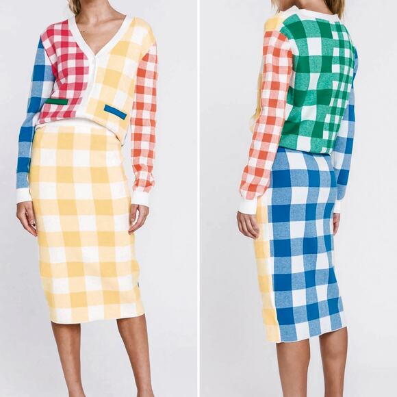 Gingham Check Pencil Knit Skirt XS Blue Yellow Dopamine Kidcore Y2K Indie - Picture 1 of 8